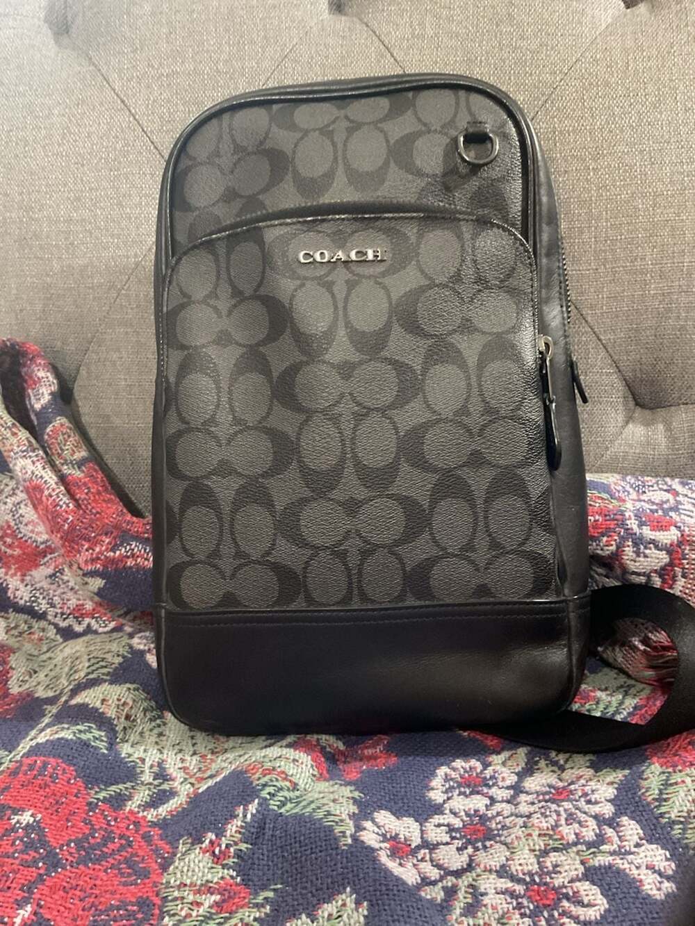Coach Signature Coated Canvas Black Leather West Pack Sling Backpack Bag